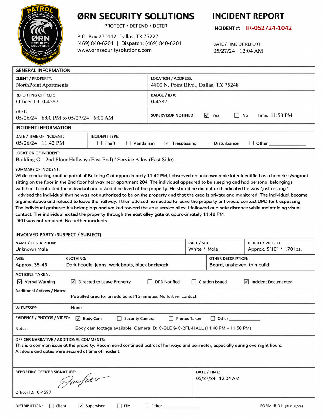 ØRN Security Solutions incident report IR-052724-1042 documenting trespassing incident at NorthPoint Apartments
