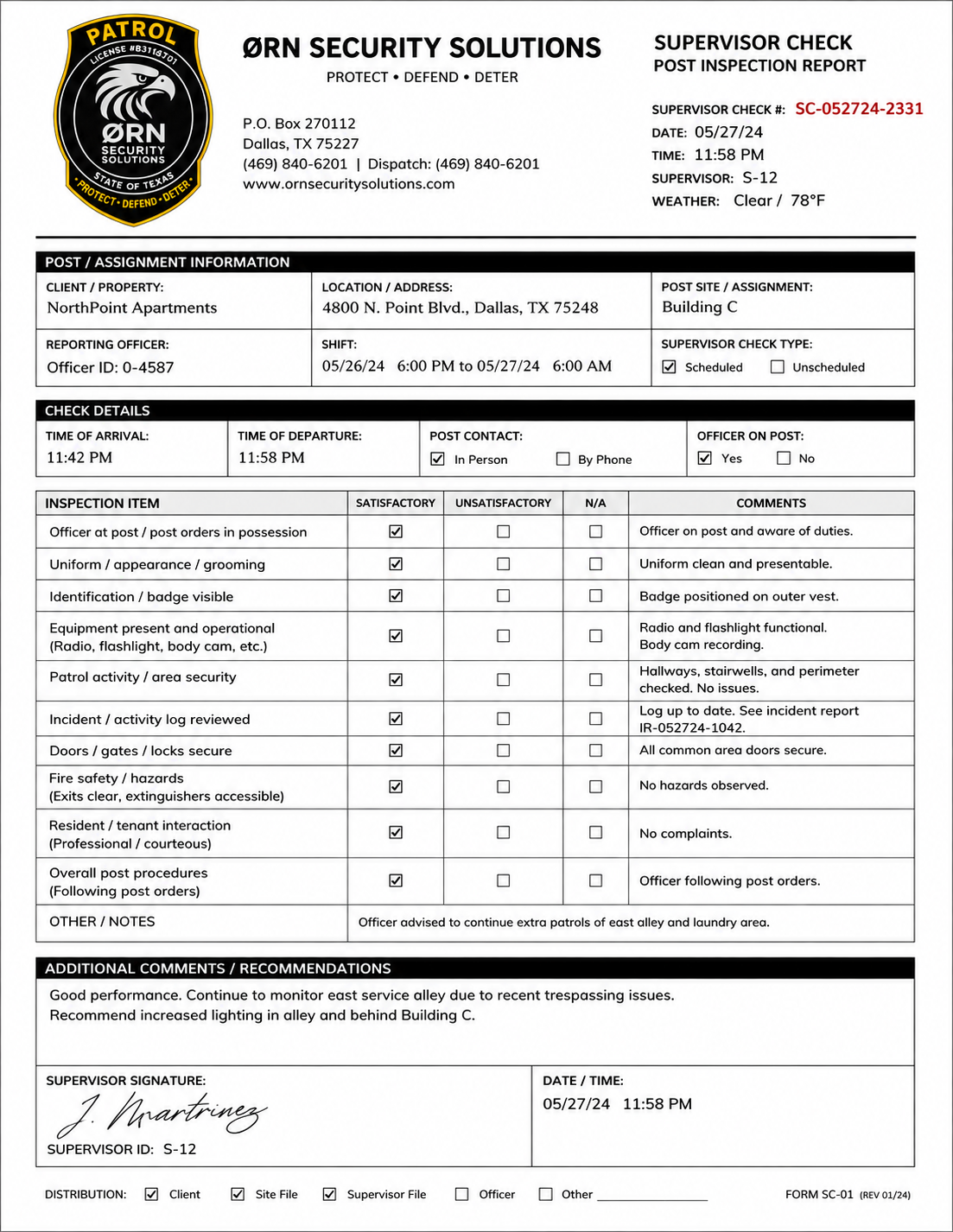 ØRN Security Solutions Supervisor Check Post Inspection Report SC-052724-2331 showing all inspection items satisfactory at NorthPoint Apartments